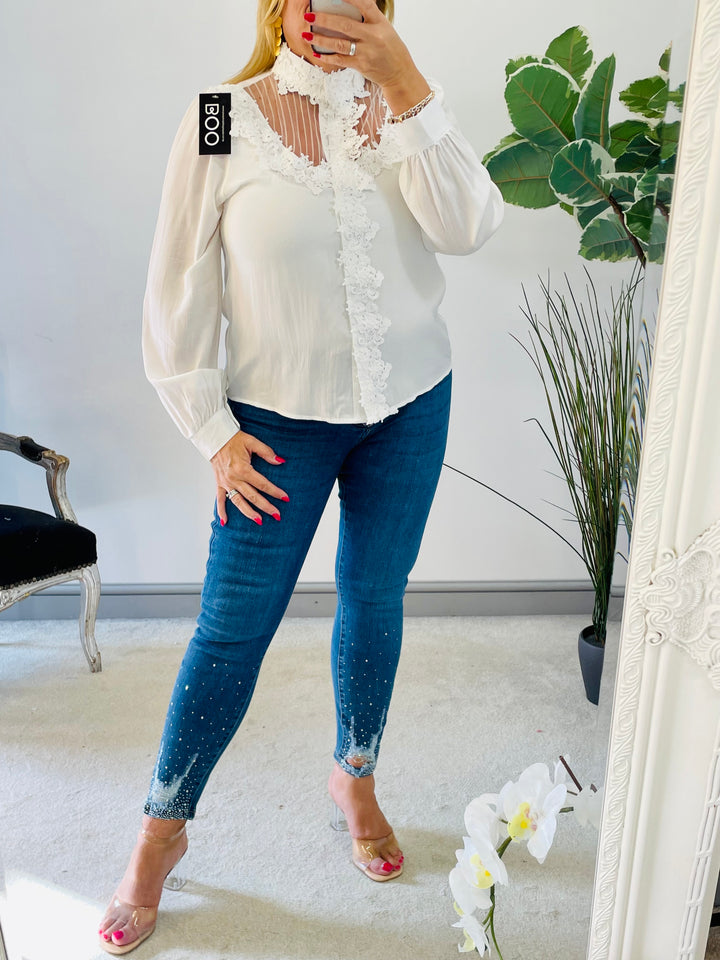 LADIES WOMENS WHITE LACE PRETTY SUMMER BLOUSE TOP