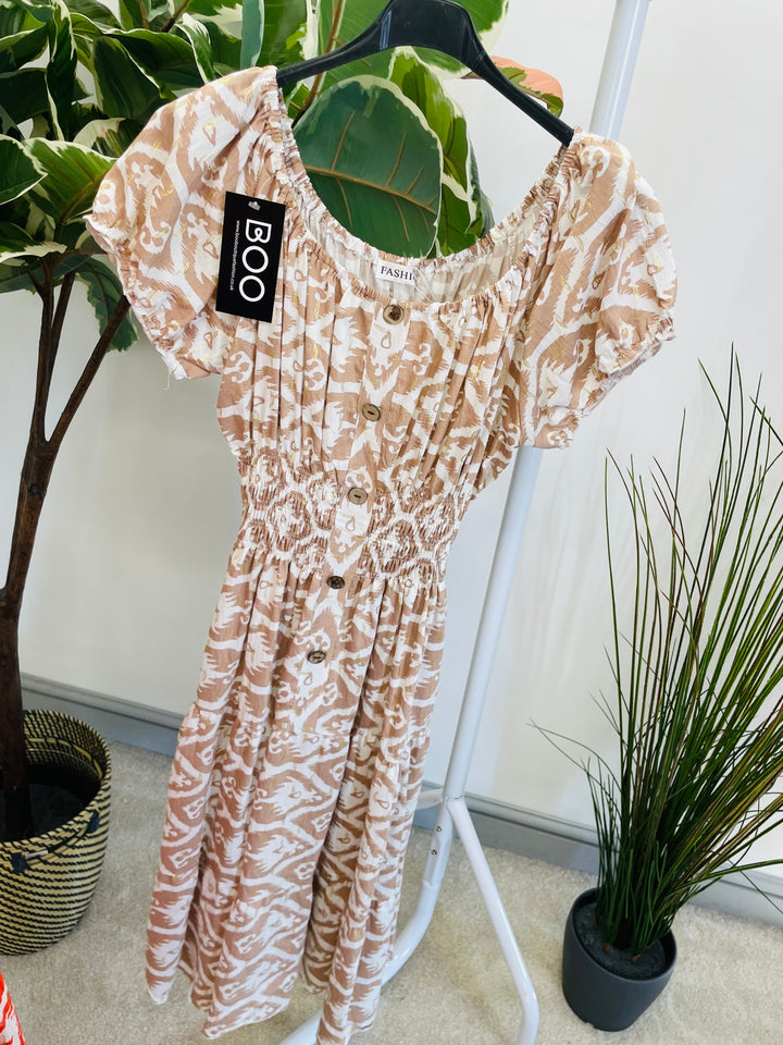 LADIES SUMMER MIDI DAY DRESS - BLUE, ORANGE, BEIGE & BLACK