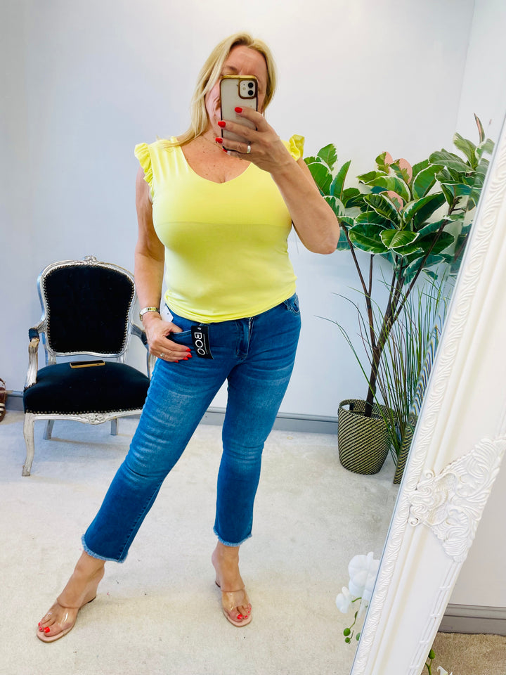 LADIES STRETCH FRILL CAP SLEEVE T TEE SHIRT TOP - 6 COLOURS