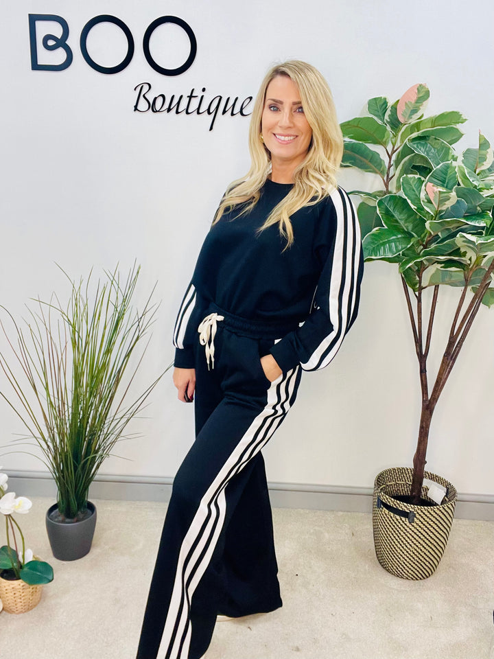 LADIES SPORTS LUXE STRIPE TROUSER CO ORD SET - BLACK, NAVY, KHAKI, MOCHA, BROWN