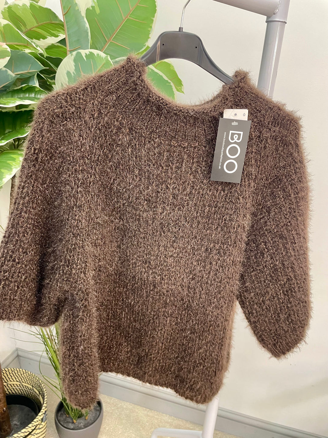 LADIES FLUFFY SHORT SLEEVE JUMPER - BROWN, BLACK, BEIGE, BLUE, BURGUNDY, MOCHA