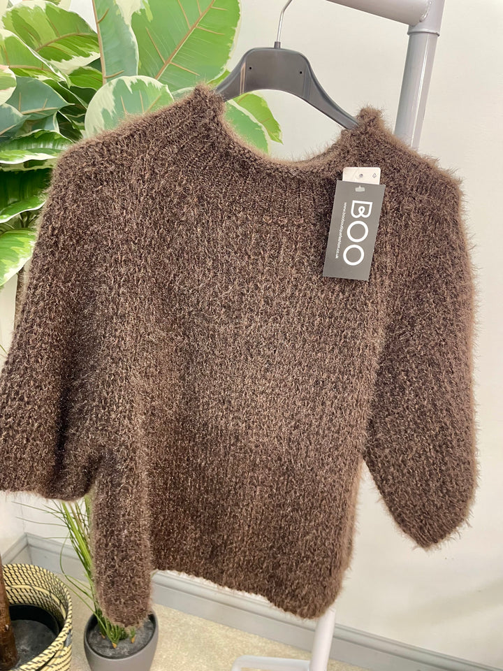 LADIES FLUFFY SHORT SLEEVE JUMPER - BROWN, BLACK, BEIGE, BLUE, BURGUNDY, MOCHA