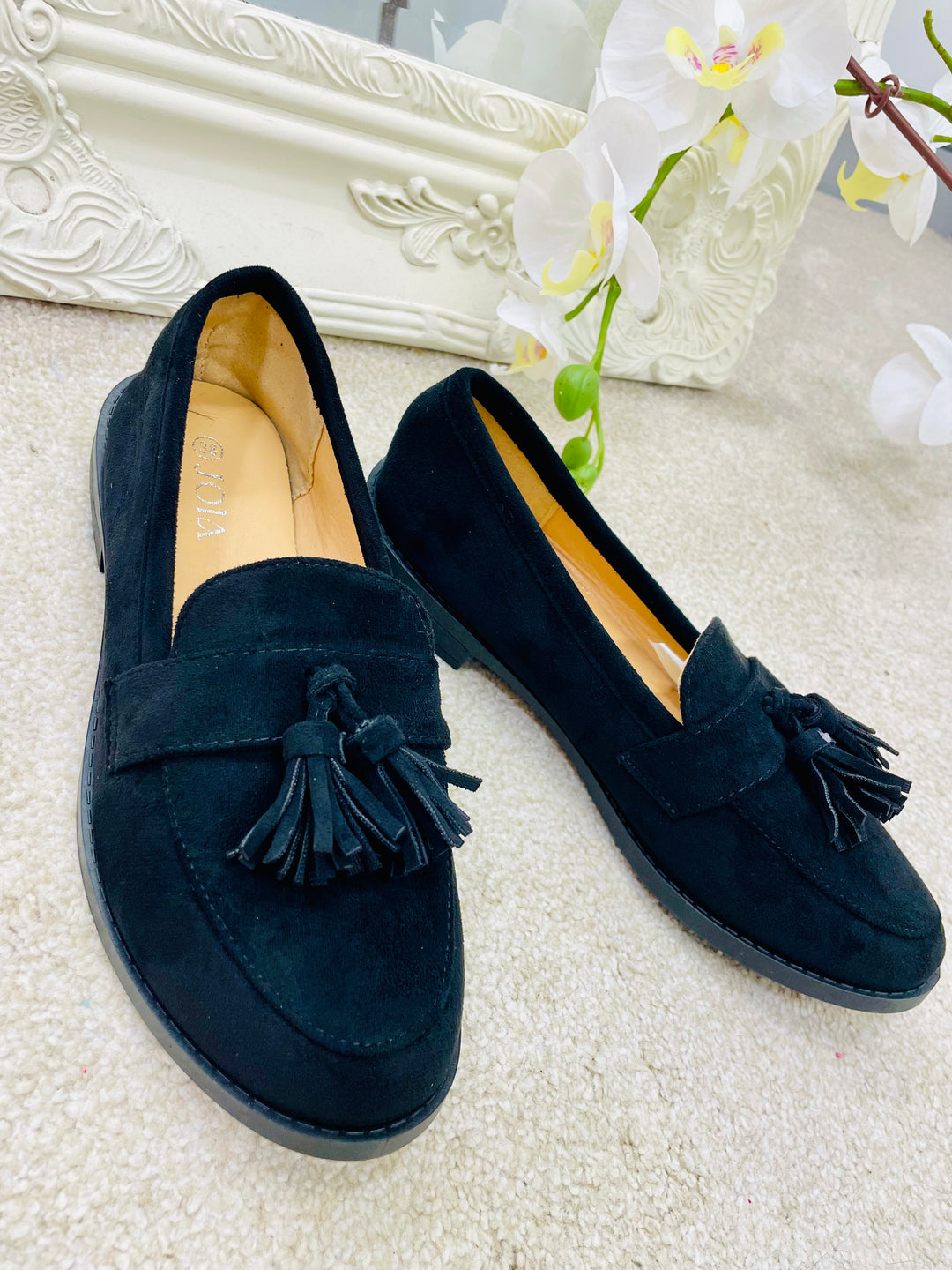 BLACK FAUX SUEDE LOAFER FLAT SHOES ( 966 ) sizes 3 to 8
