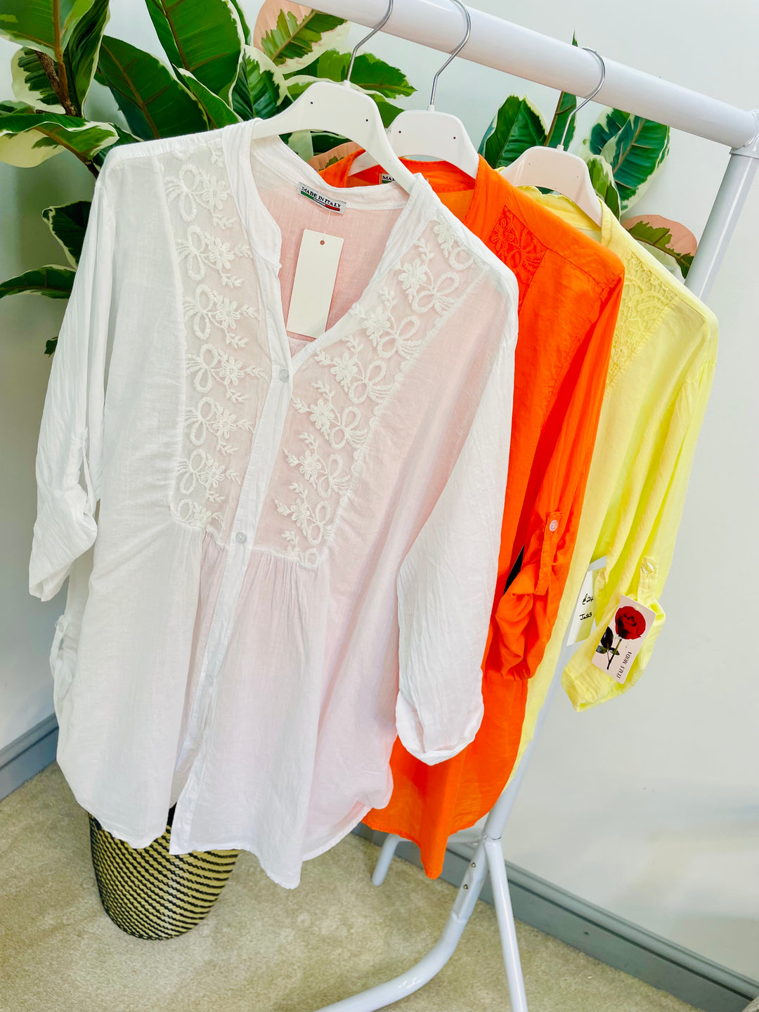 LADIES COTTON LACE FRONT BLOUSE SHIRT - LEMON, WHITE & ORANGE