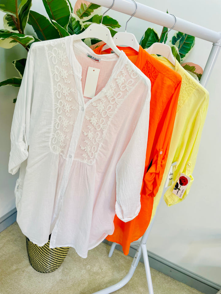 LADIES COTTON LACE FRONT BLOUSE SHIRT - LEMON, WHITE & ORANGE