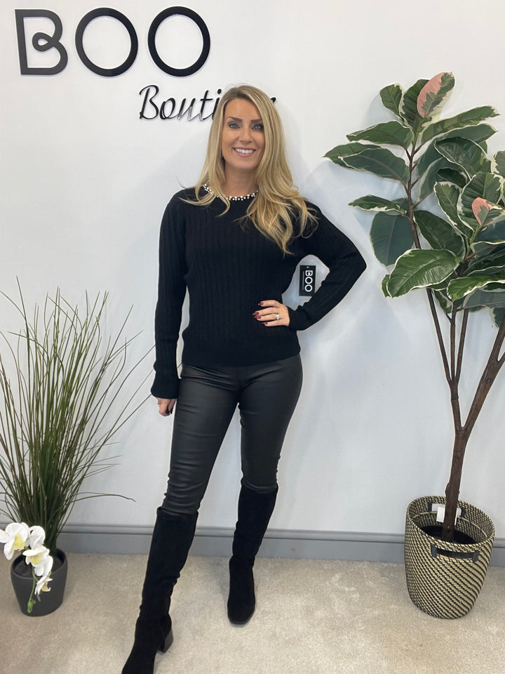 LADIES CABLE KNIT PEARL NECK JUMPER - BERRY, CREAM, BLACK, RED, BROWN