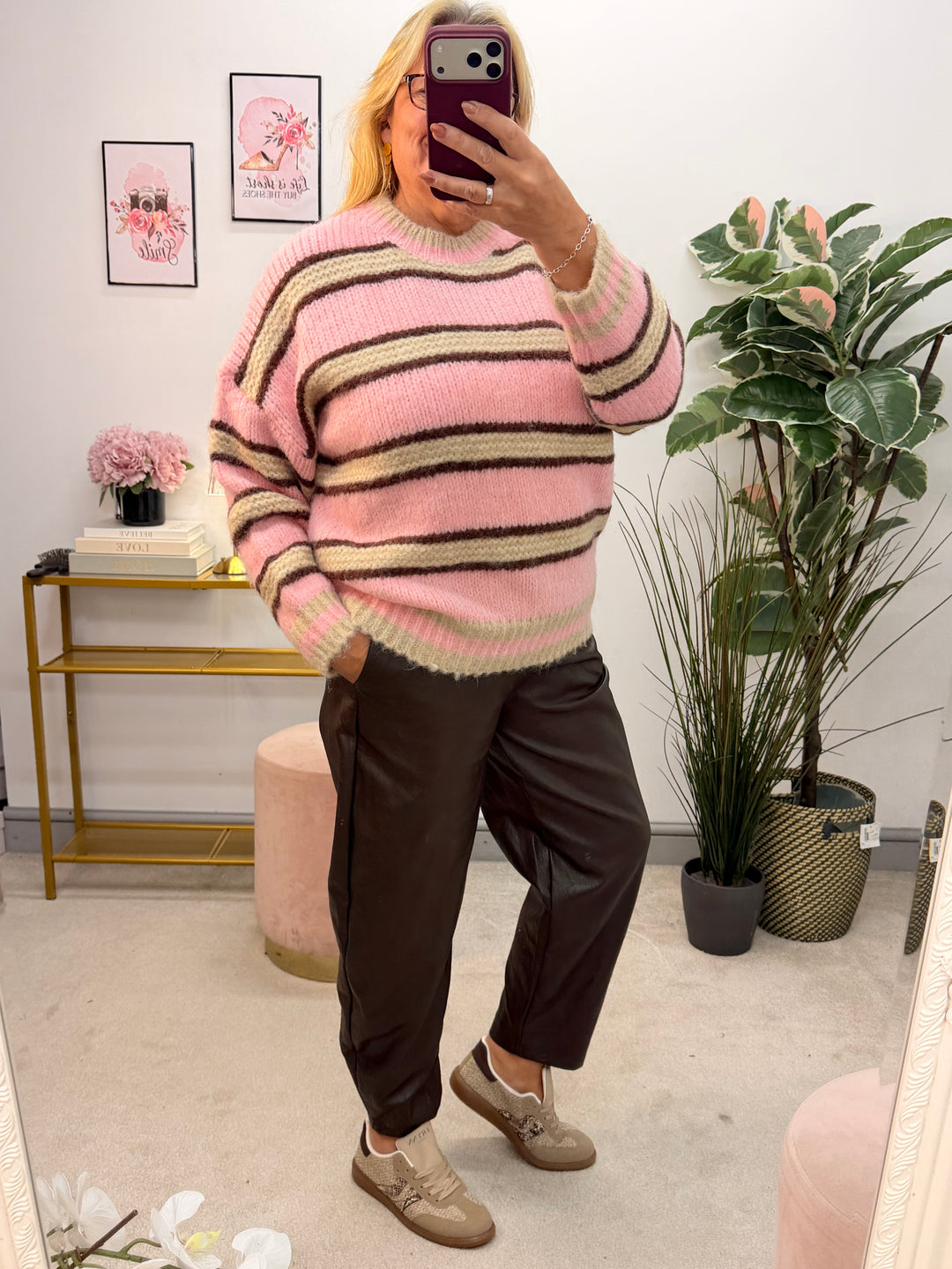 Ladies Fashion Pink Brown Cream Stripe Jumper