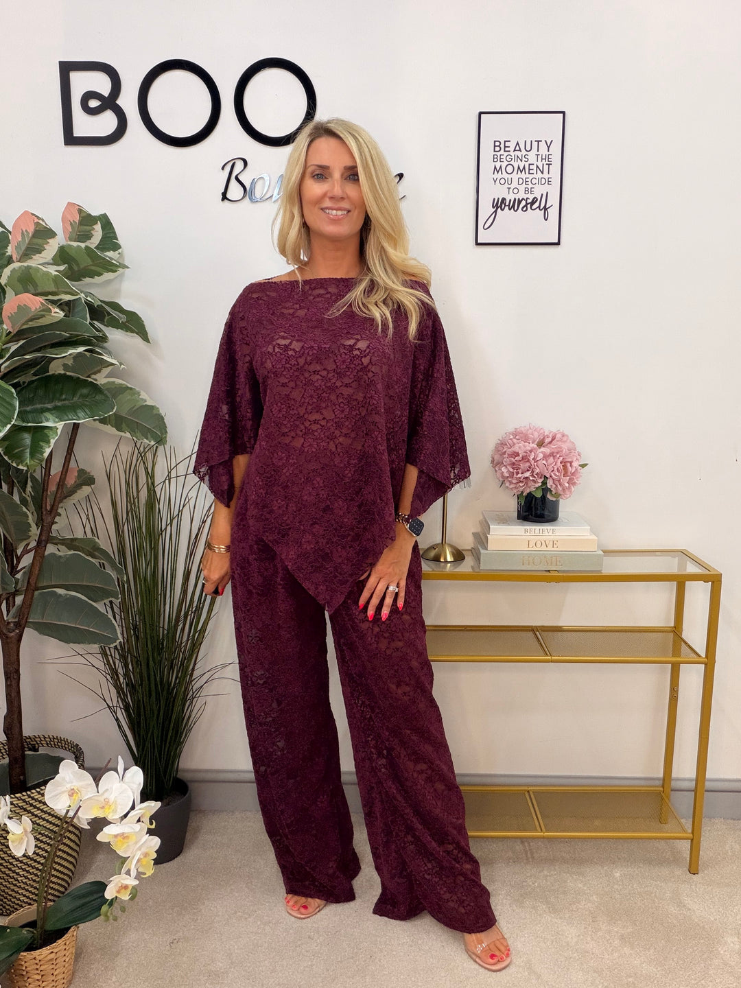 Ladies Fashion Lacy Wide Leg Trouser Co Ord Set - Black, Plum & Brown