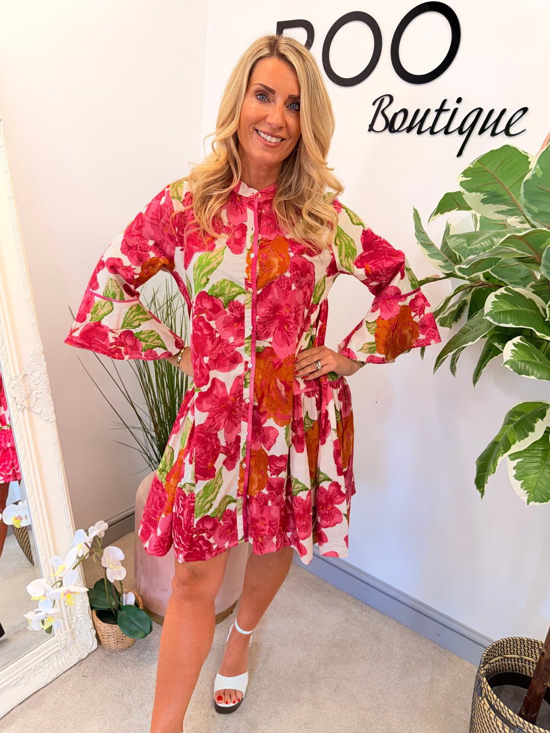 Ladies Pink Flower Print Swing Smock Summer Mini Dress