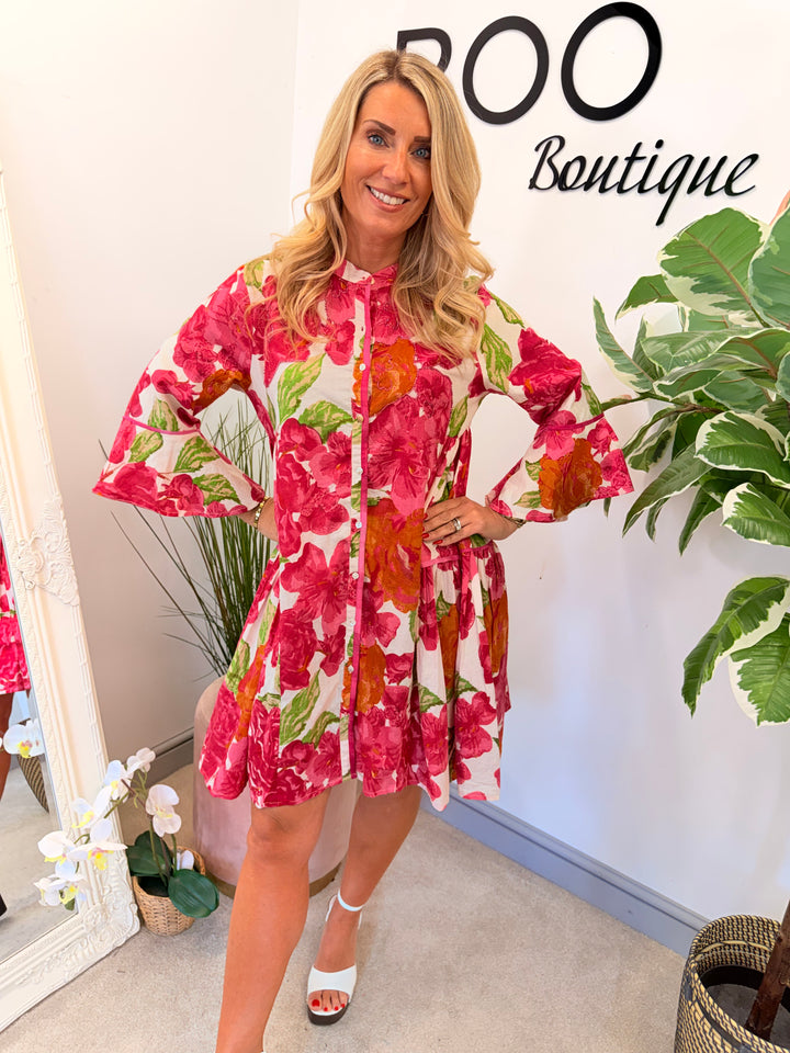 Ladies Pink Flower Print Swing Smock Summer Mini Dress