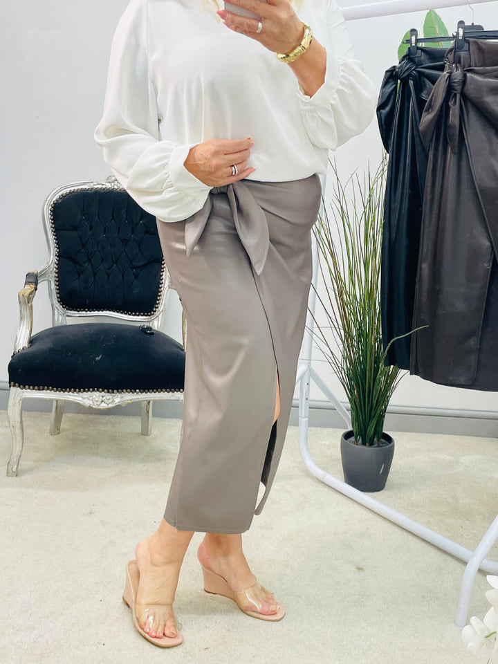 LADIES FAUX LEATHER PLEATHER VEGAN SKIRT - BLACK, BROWN & TAUPE