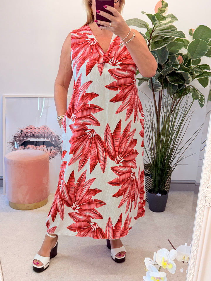 Ladies Red & White Tropical Print Sleeveless Summer Maxi Dress
