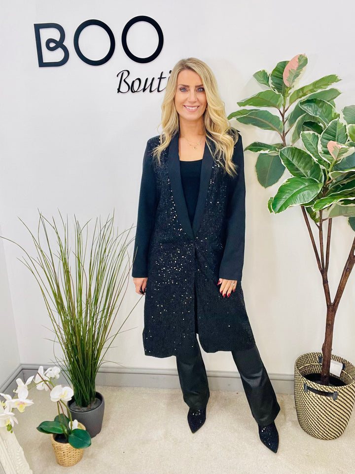LADIES BLACK SEQUIN LONGLINE BLAZER JACKET