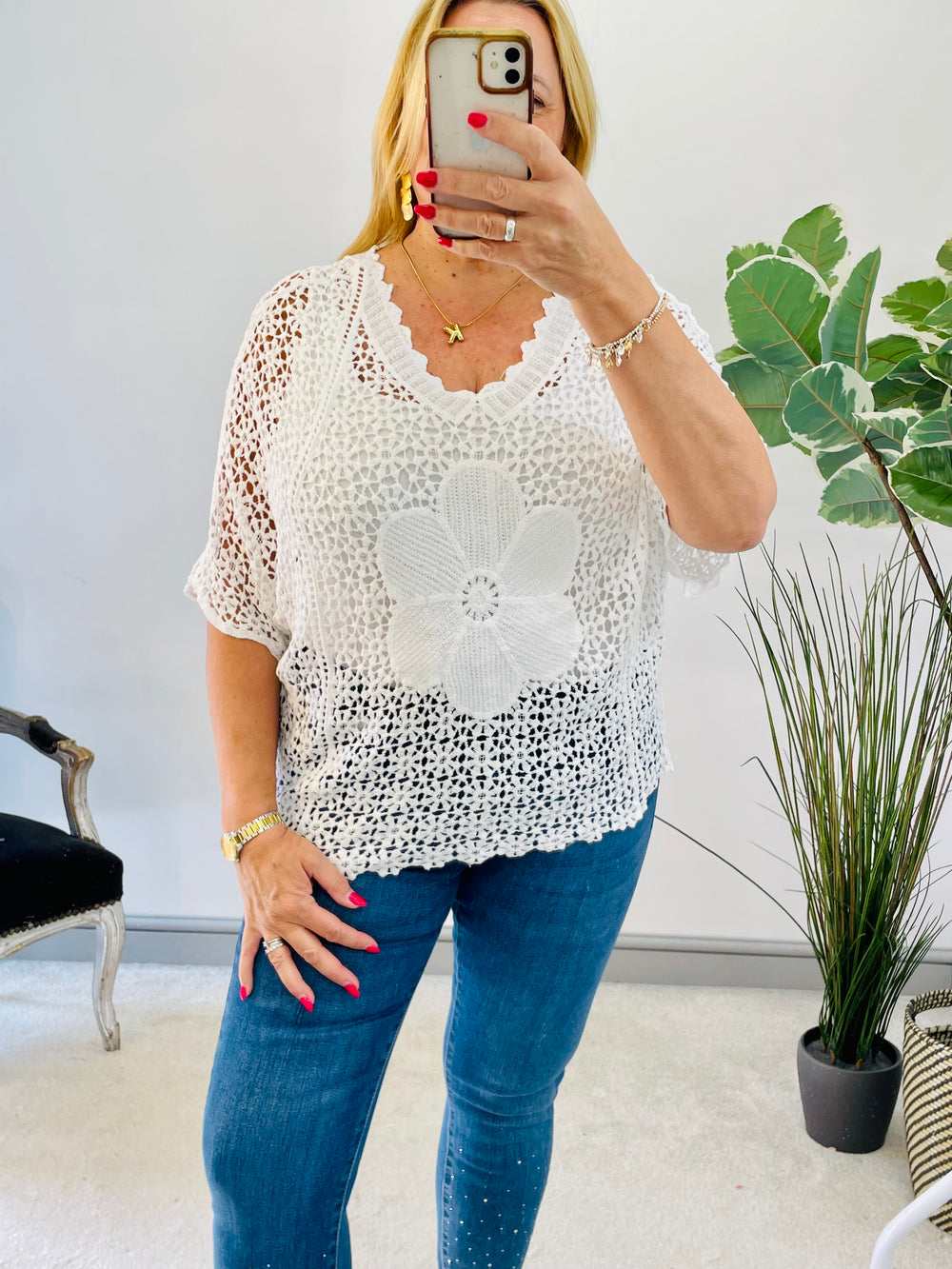 LADIES WOMENS WHITE CROCHET SUMMER TOP