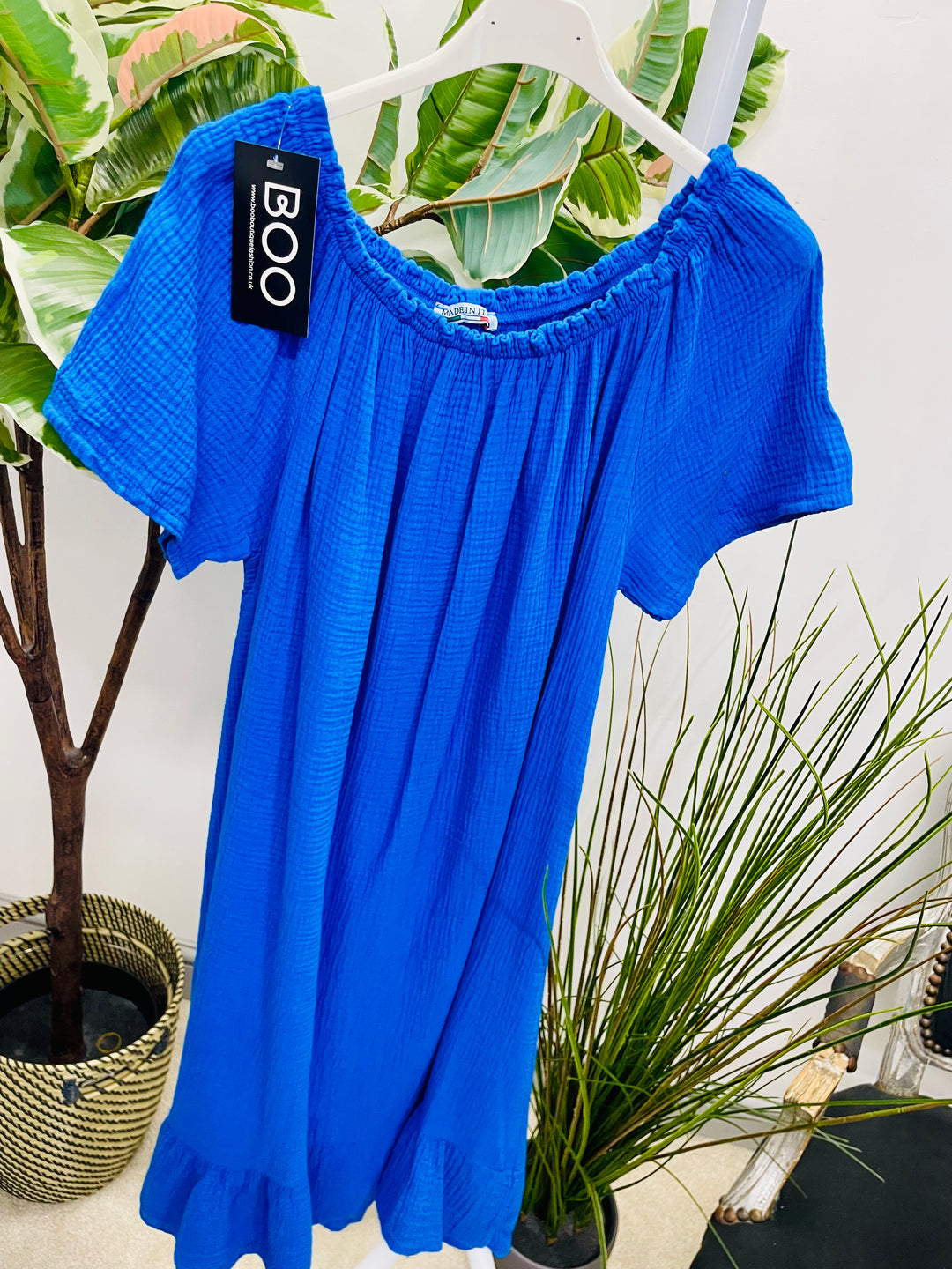LADIES CHEESECLOTH SUMMER BARDOT MIDI DRESS - NAVY, WHITE, KHAKI, PINK, BLUE