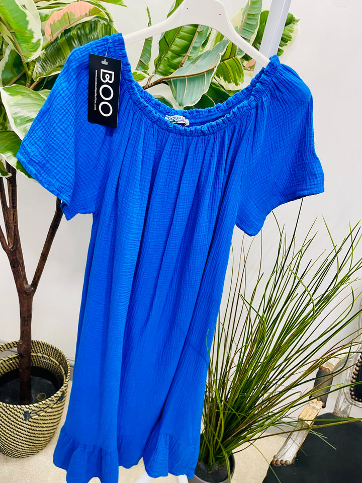 LADIES CHEESECLOTH SUMMER BARDOT MIDI DRESS - NAVY, WHITE, KHAKI, PINK, BLUE
