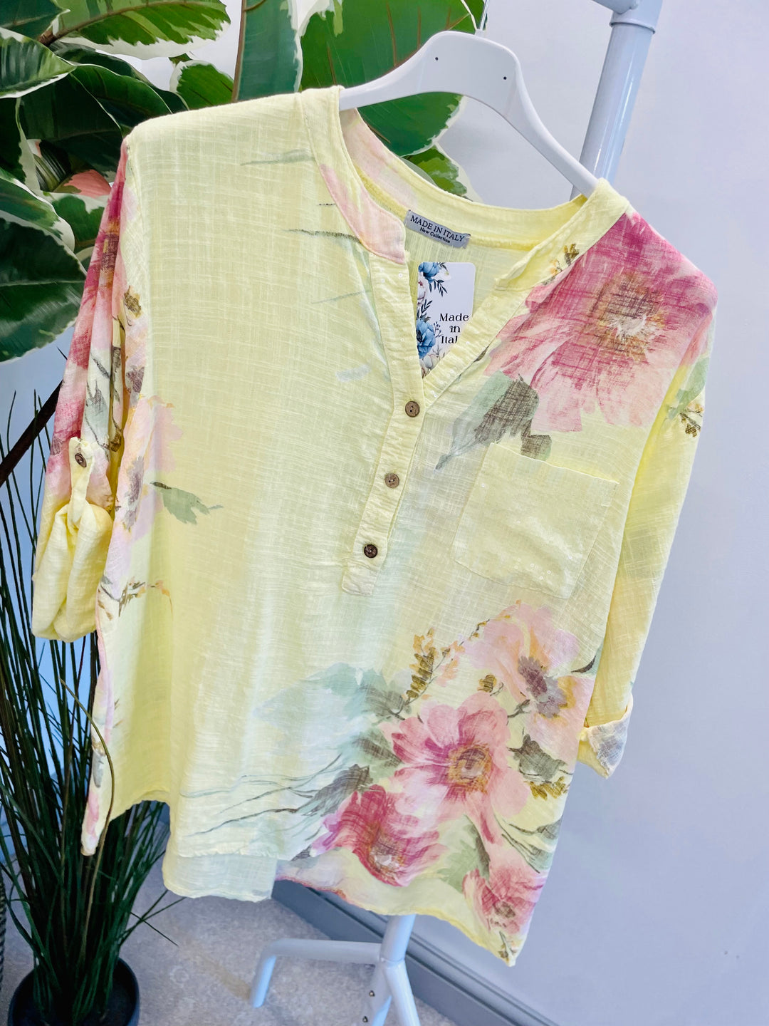 LADIES LIGHT LINEN FLORAL SUMMER TOP - PINK, WHITE, KHAKI, NAVY, YELLOW