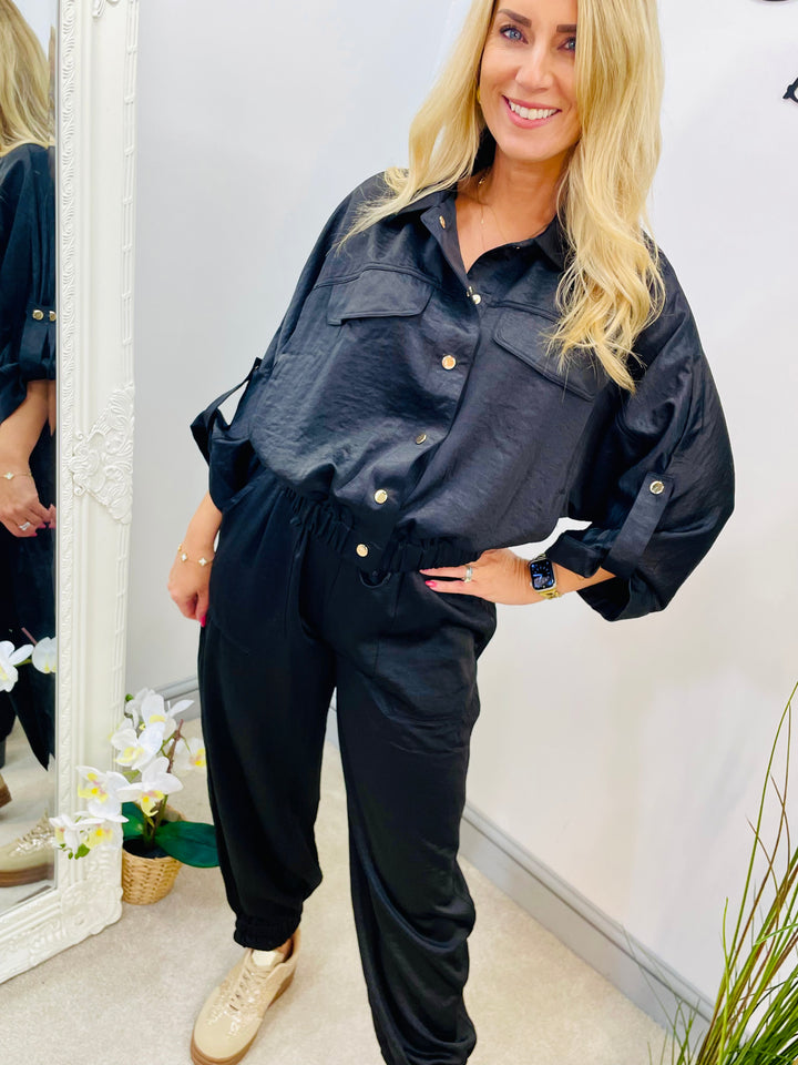 LADIES SATIN BOMBER JACKET JOGGER LEG CO ORD - KHAKI, BLACK & BROWN