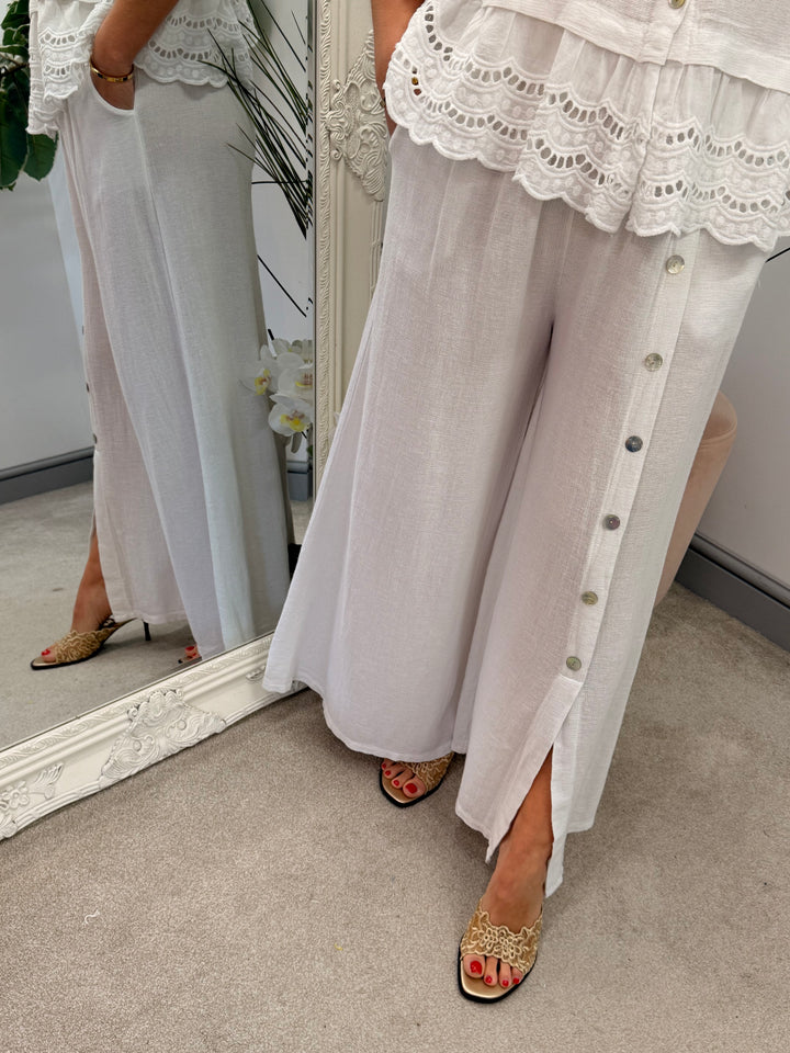 Ladies Fashion Wide Leg Palazzo Teabag Linen Trousers white