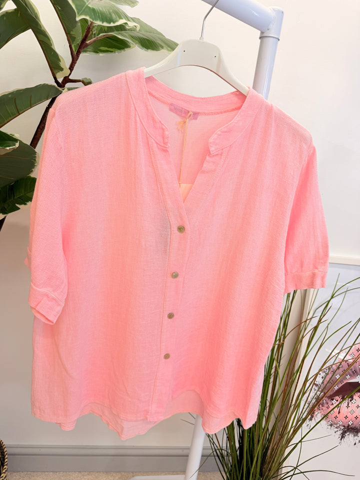 Ladies Fashion Tea Bag Linen Button Up Shirt Top candy pink