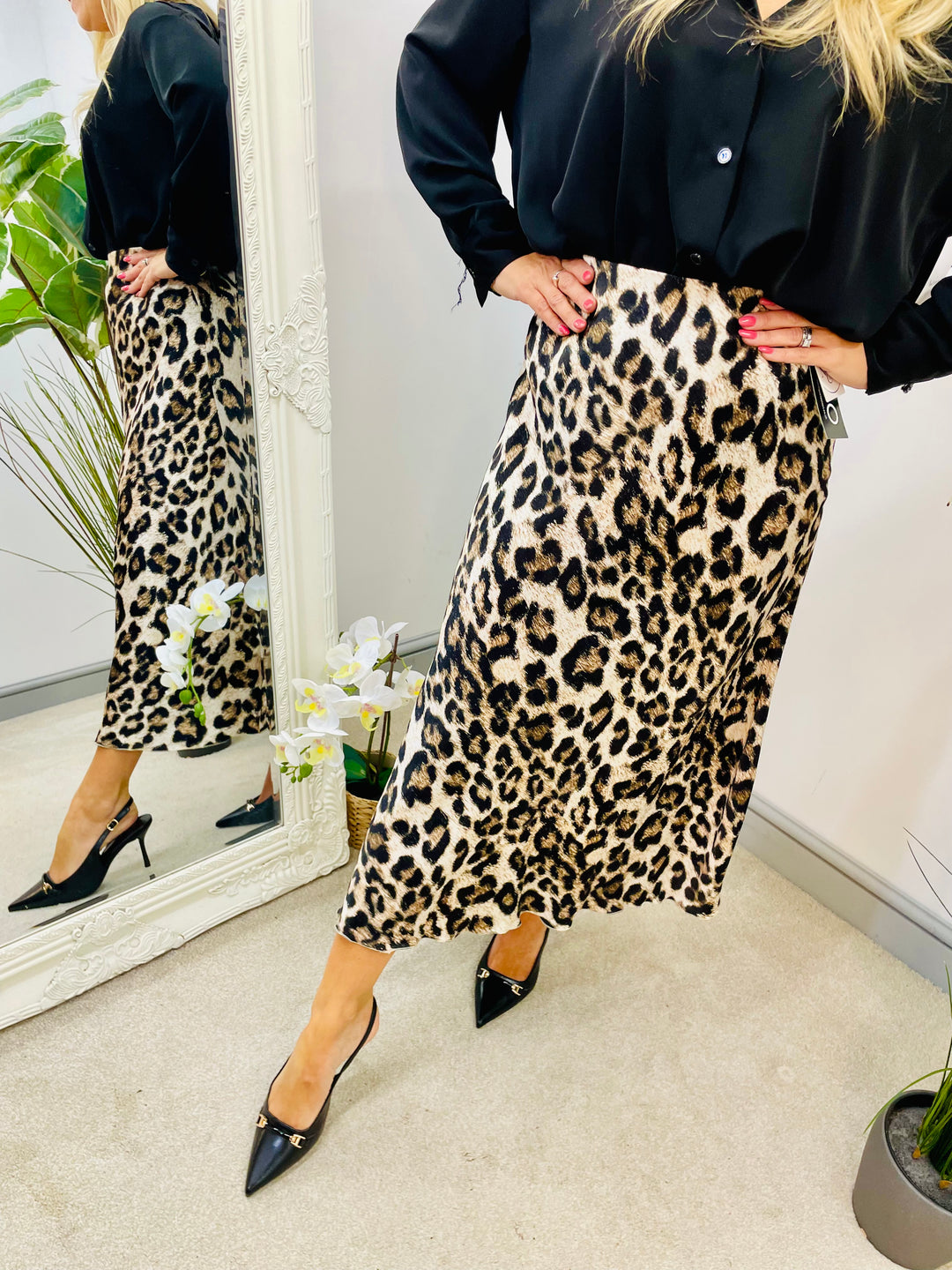 LADIES LEOPARD PRINT SATIN MIDI SKIRT