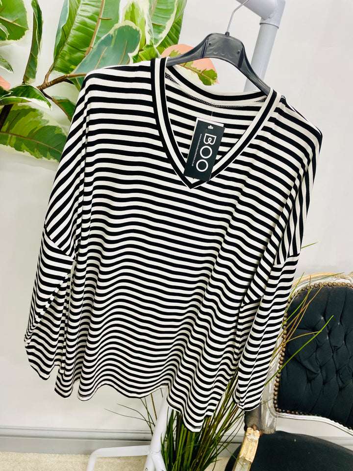 LADIES CASUAL STRIPE LOOSE FIT TOP - KHAKI, NAVY, WINE, BLACK & BROWN