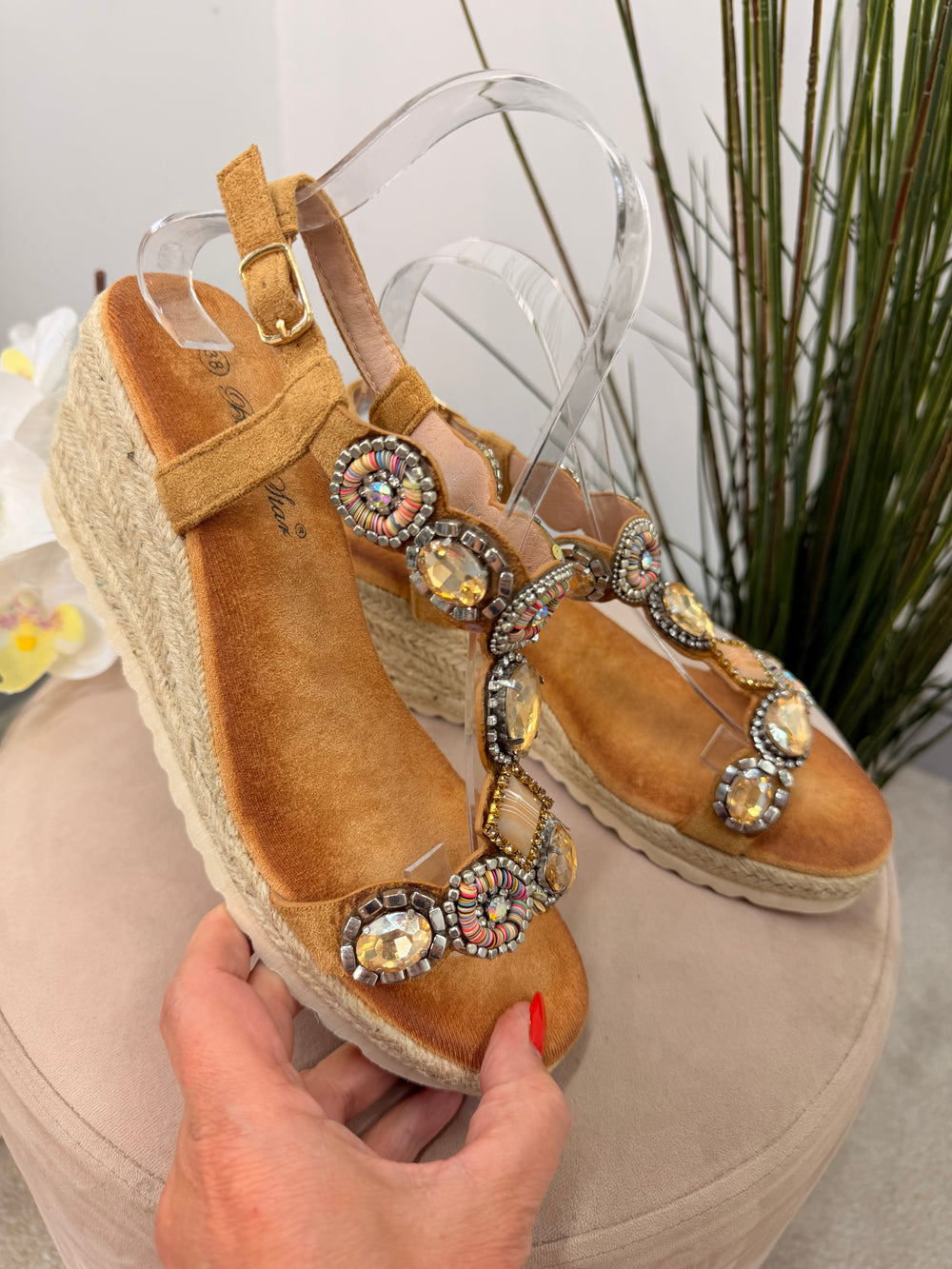 Ladies Fashion Camel Jewelled Mid Wedge Heel Sandals