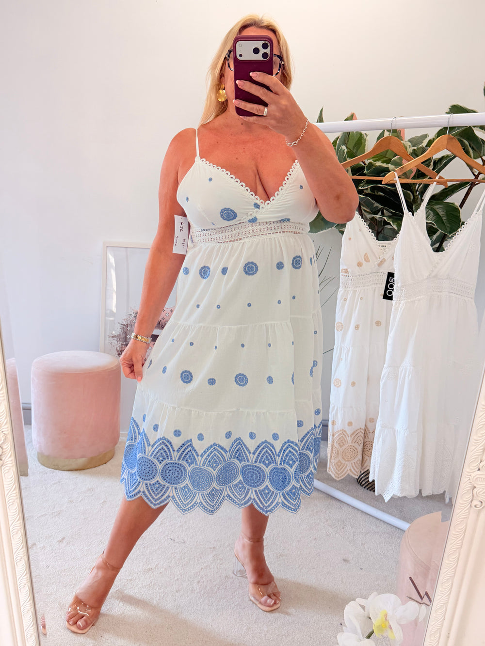 Ladies White Broderie Anglaise Cotton Summer Dress - blue & beige