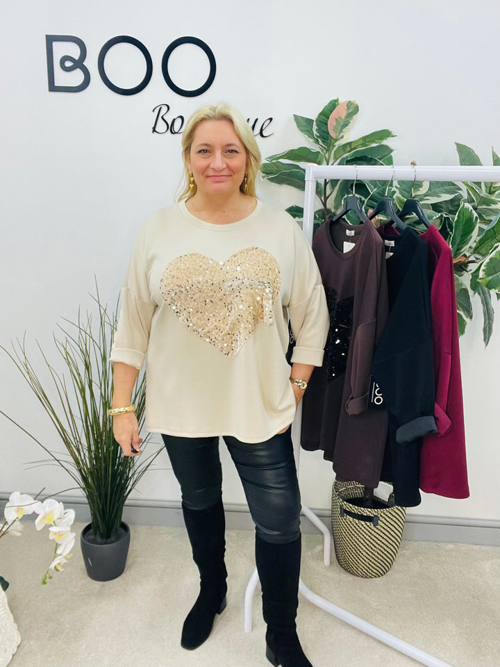 LADIES SCUBA SEQUIN HEART SWEATSHIRT TOP - BURGUNDY, BLACK, BROWN, BEIGE