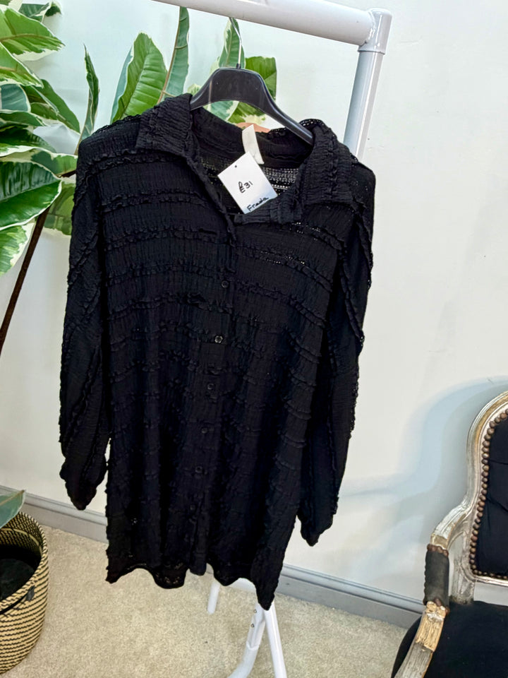 LADIES FRILL SHIRT BLOUSE - WHITE, BEIGE, PINK, LEMON, BLUE & BLACK