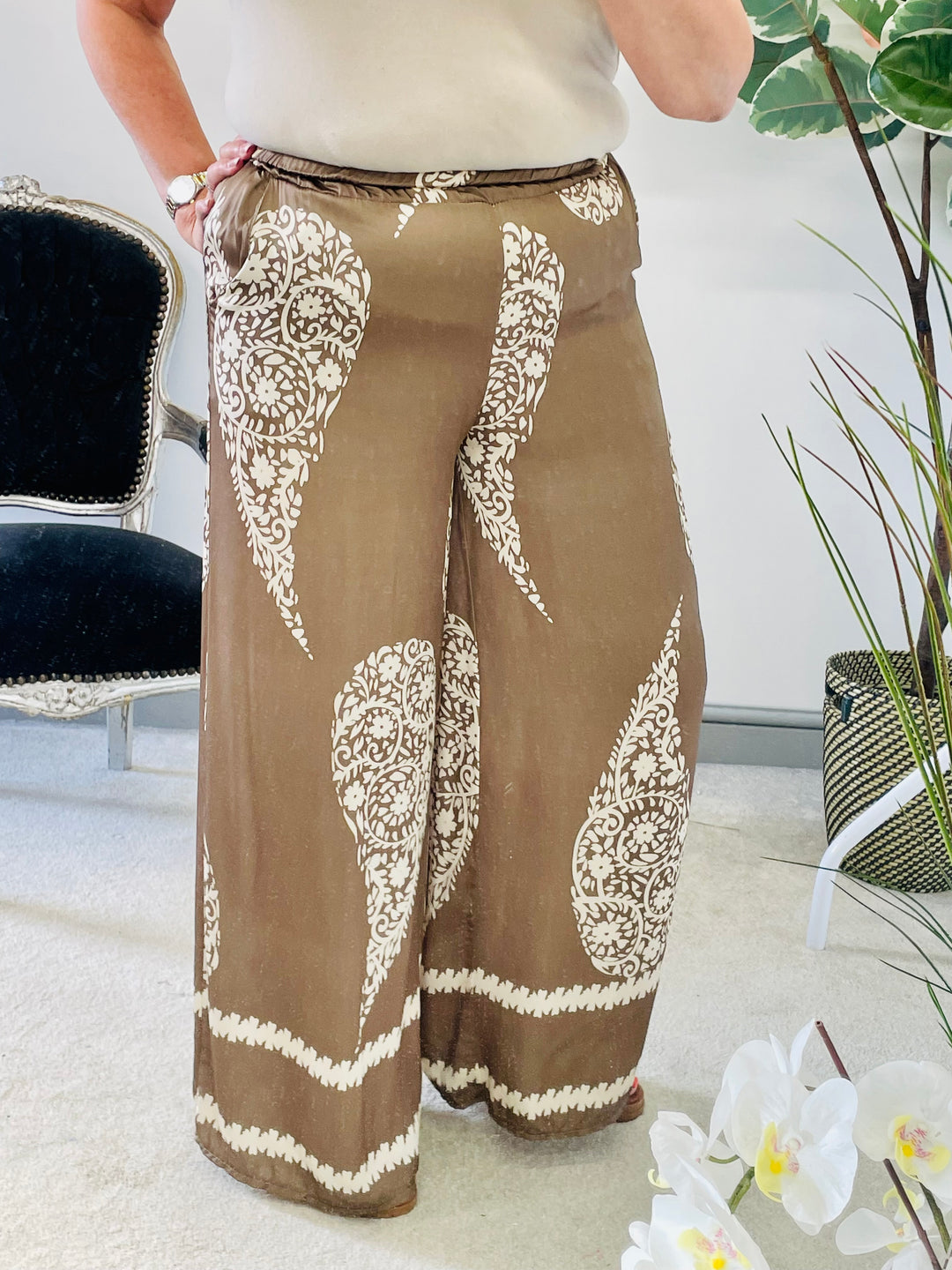 LADIES WOMENS SATIN PALAZZO PANTS TROUSERS - KHAKI & BROWN