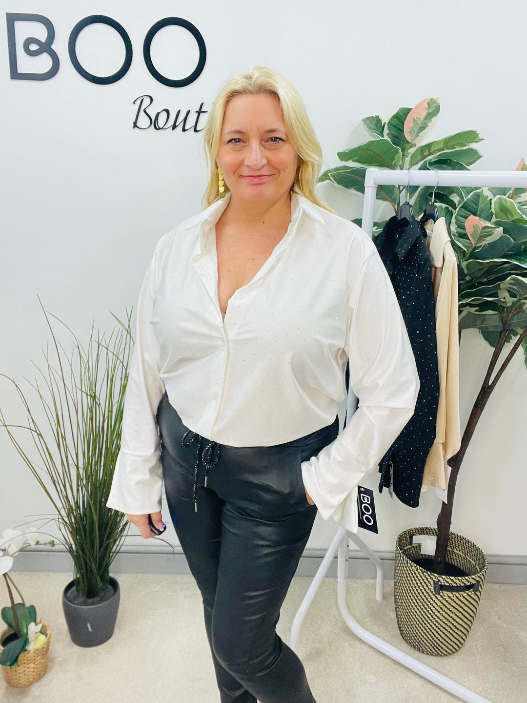 LADIES SPARKLY STRETCH BLOUSE SHIRT - WHITE, BLACK, CHAMPAGNE