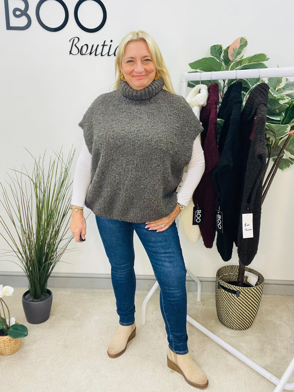 LADIES POPCORN KNIT ROLL NECK JUMPER - WHITE, BLACK, BROWN, BEIGE & BURGUNDY
