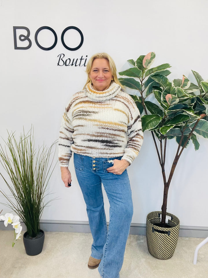 LADIES POPCORN KNIT CREAM ROLL NECK JUMPER