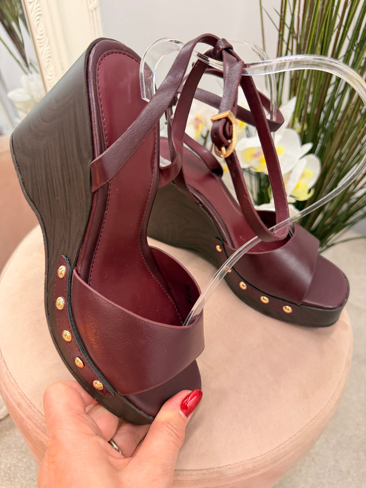 Ladies Fashion High Wedge Heel Sandals Shoes - white, burgundy & camel