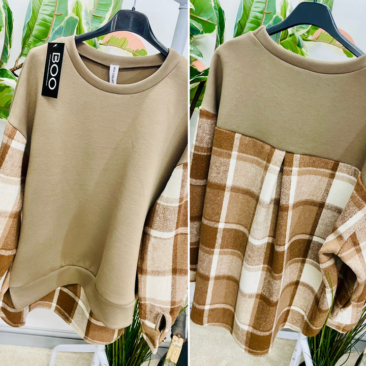 LADIES CHECK SWEATSHIRT TOP - BLACK & MOCHA