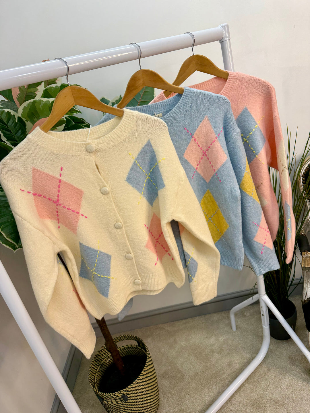 Ladies Fashion Diamond Argyle Cardigan - pink, blue & cream