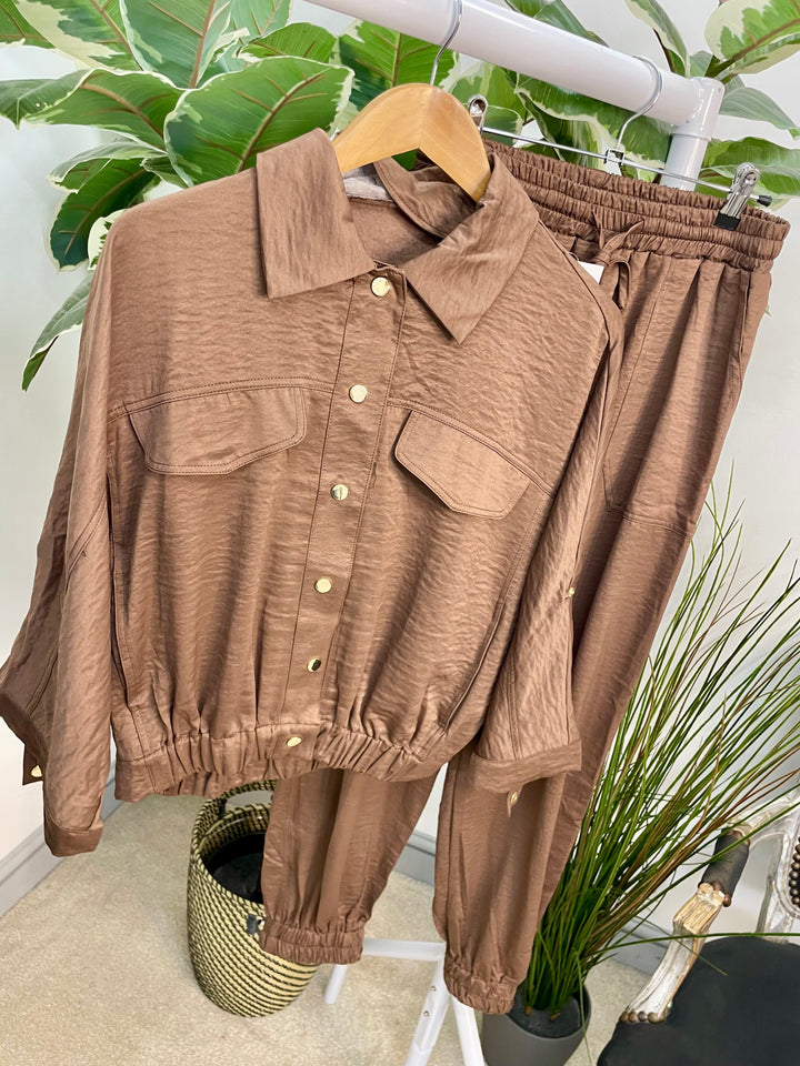 LADIES SATIN BOMBER JACKET JOGGER LEG CO ORD - KHAKI, BLACK & BROWN