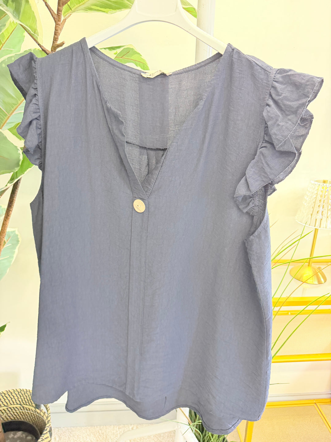 Ladies Frill Sleeve Grandad Top - Blue, Pink, Brown, White, Black & Mocha