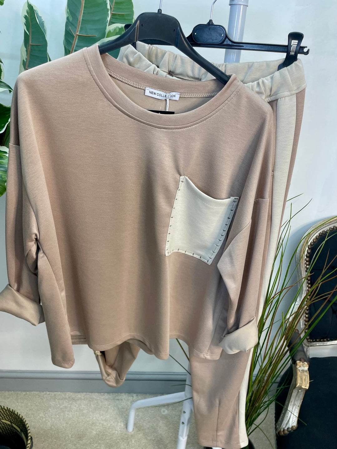 LADIES PATCHWORK POCKET SCUBA TROUSER CO ORD SET - NAVY, KHAKI & BEIGE