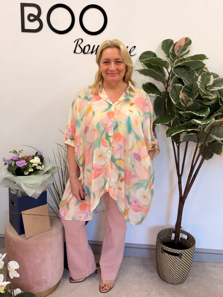 Ladies Fashion Tie Dye Loose Fit Flowy Oversize Blouse Top - pink & blue