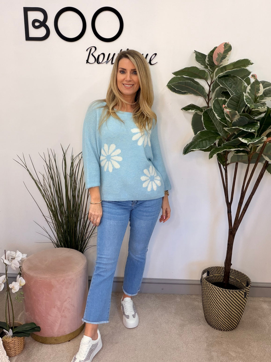 Ladies Fashion Daisy Short Sleeve Jumper - lemon, blue, white & pink