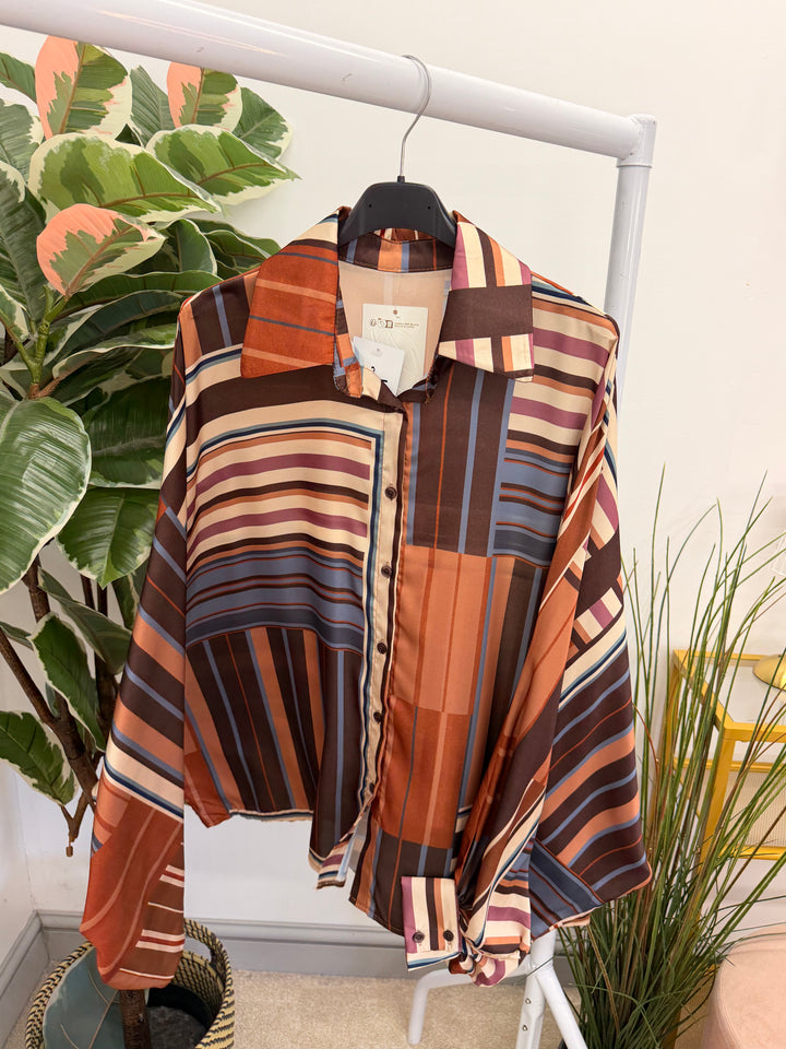 Ladies Blue & Brown Stripe Satin Oversize Loose Fit Blouse Top