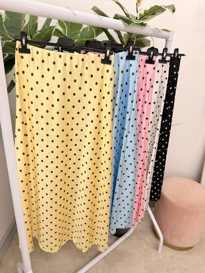 Ladies Satin Polka Dot Maxi Skirt - Black, White, Lemon, Blue & Pink