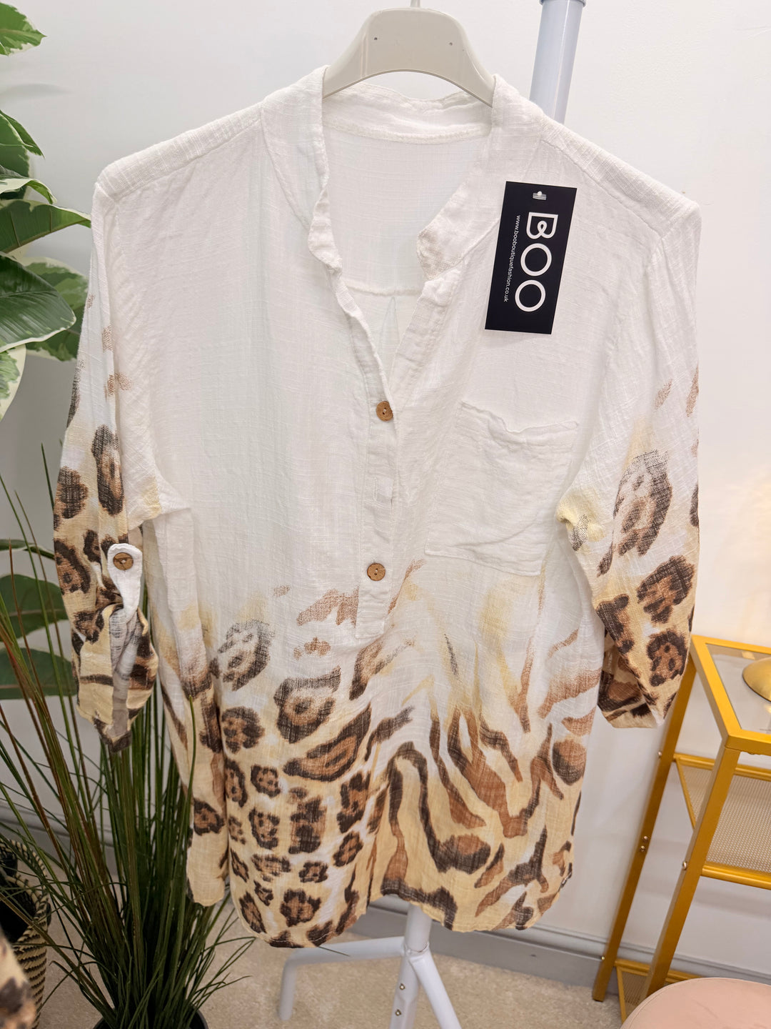 Ladies Light Linen Animal Print Grandad Shirt Top - White, Pink & Blue