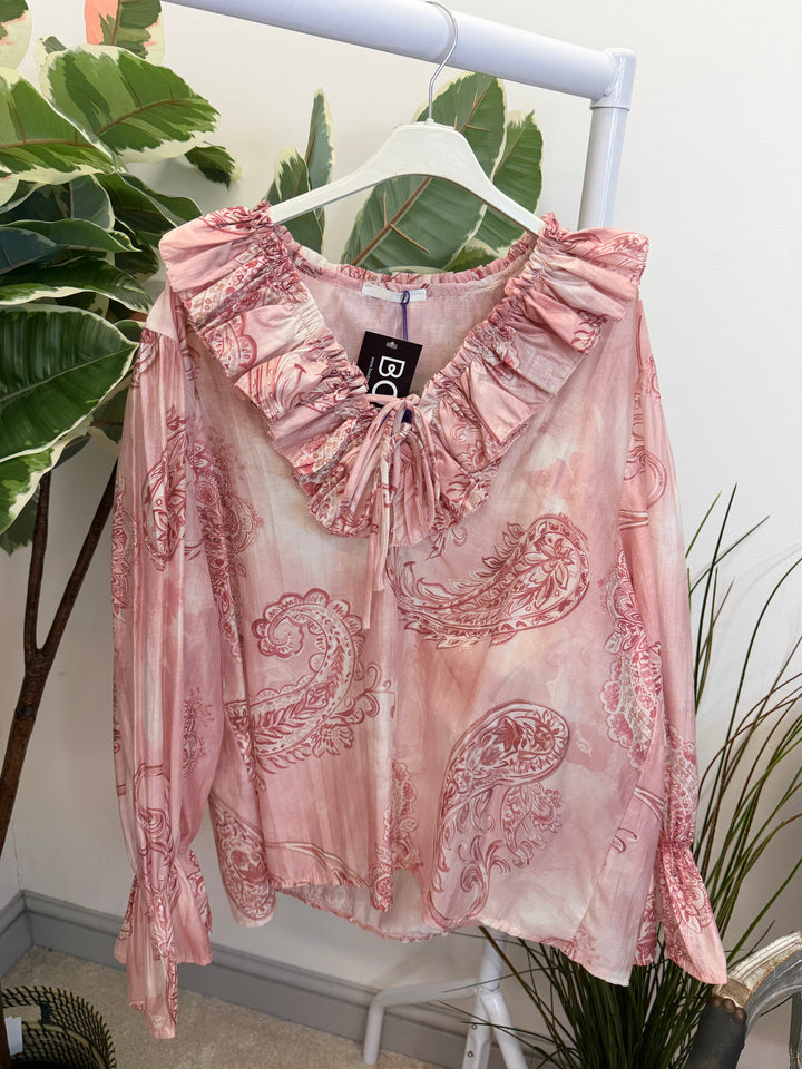 LADIES COTTON PAISLEY PRINT FLOATY BLOUSE - PINK, BEIGE, BLUE, BLACK, MOCHA