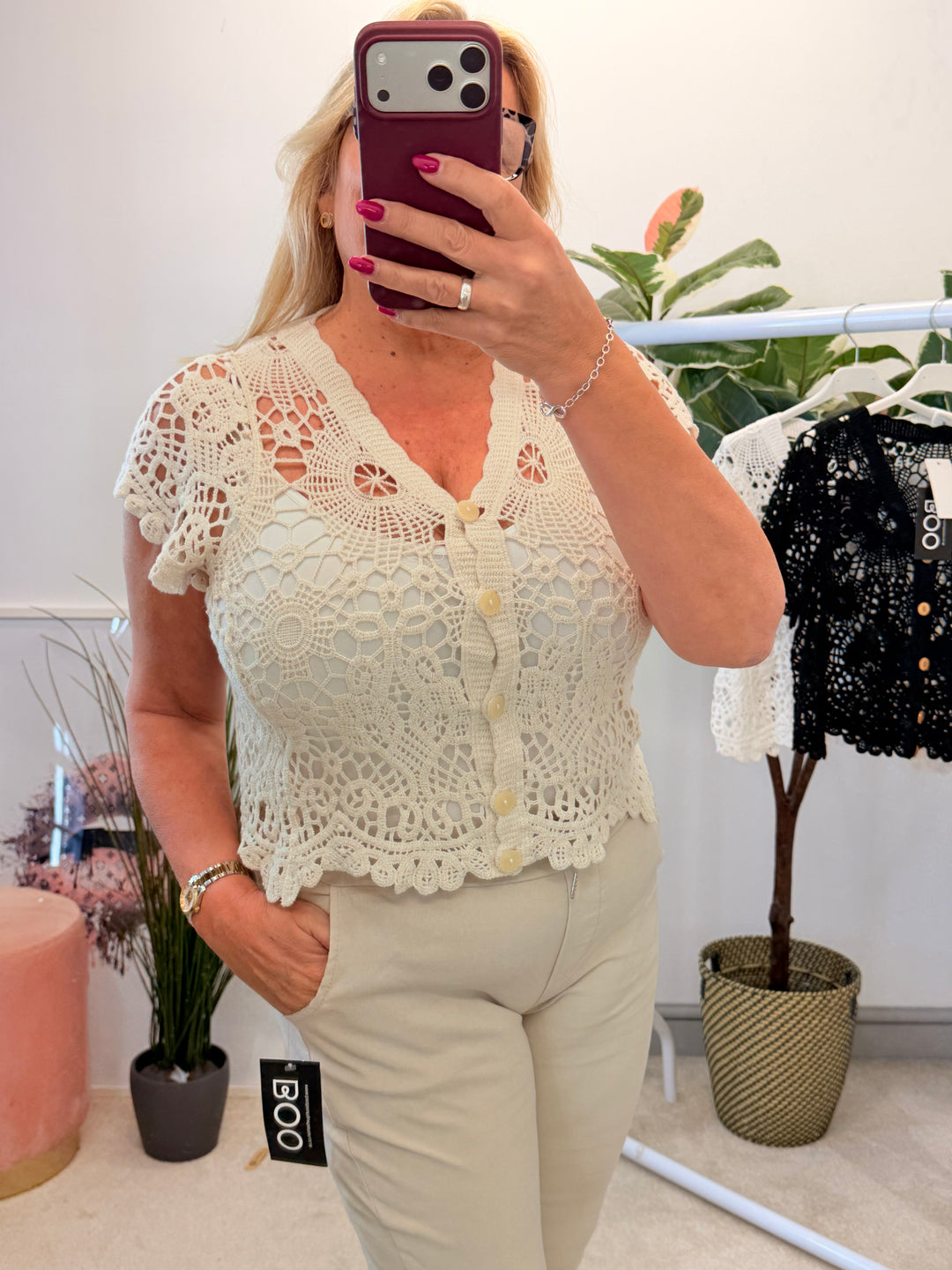Ladies Crochet Bolero Cardigan - Beige, Black & White