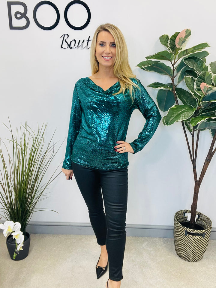 LADIES SEQUIN COWL NECK TOP - BLACK, CHAMPAGNE, GREEN & RED