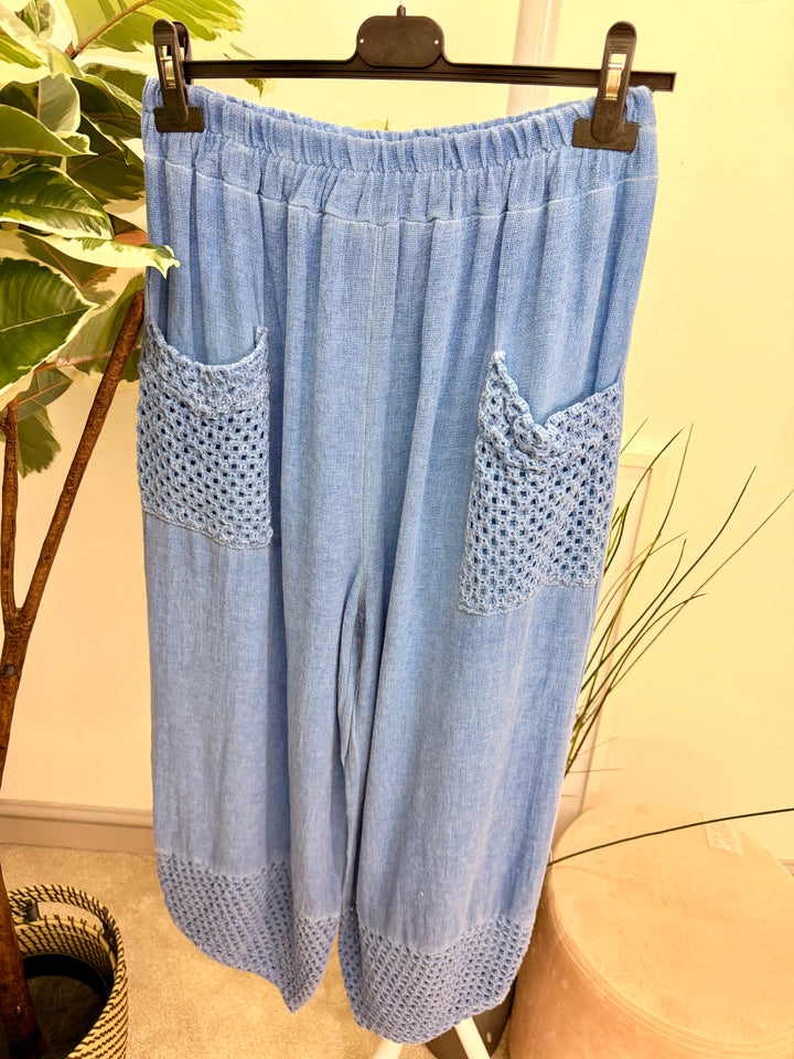 Ladies Crochet Pocket Harem Teabag Linen Trousers royal blue