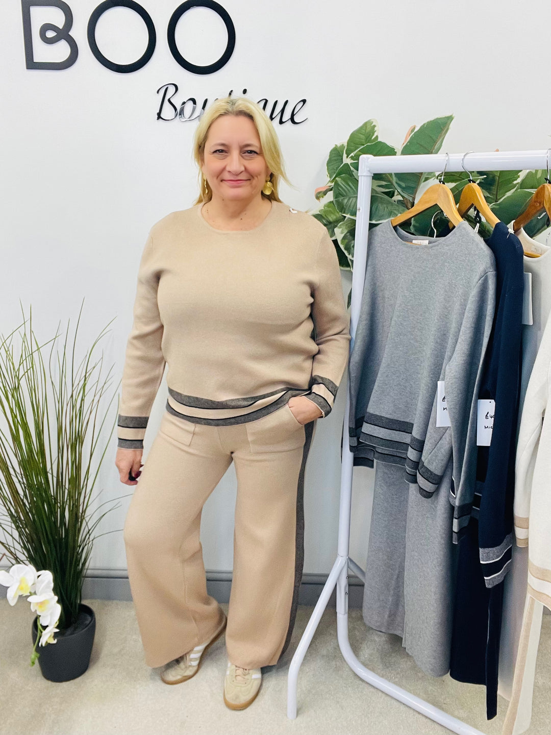 LADIES WIDE LEG KNITTED CO ORD SET - NAVY, CREAM, CAMEL & GREY